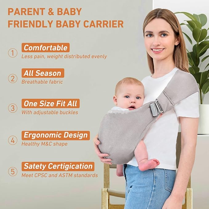 Baby Sling Carrier, Baby Carrier Newborn to Toddler, Mesh Toddler Carrier, Lightweight Breathable Summer Baby Wraps Carrier, Baby Carriers One Size Fits All (Grey)