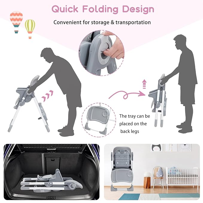 GAOMON Baby High Chair, Multifunctional Infant Highchairs with Adjustable Height and Recline, Foldable High Chair for Babies & Toddlers, High Chair with Removable Tray Easy Clean (Dark Gray)