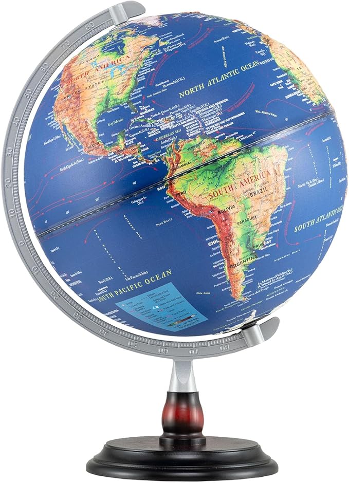 12" Illuminated World Globe, Desktop Globe with Raised Relief, LED Lights, Time Zone & Non-Slip Wooden Base, Geographic Terrain Globes for Decoration (Navy)