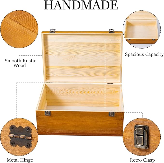 Vintage Wooden Storage Box, 14.14 * 9.43 * 5.89 Inch Small Wooden Box with Hinged Lid for DIY Art Hobby, Wood Keepsake Box Rectangular for Toys Jewelry Crafts Brown