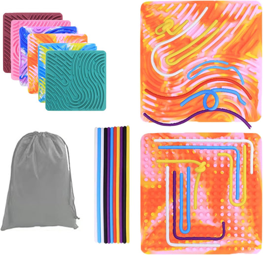 Sensory Activity Board, Silicone Fidget Toy Silent, No Mess for Calming/Stress/Anxiety/ADHD & Autism Kids & Adults, Travel Sensory Activity Board with Portable Storage Bag & 20 Strings