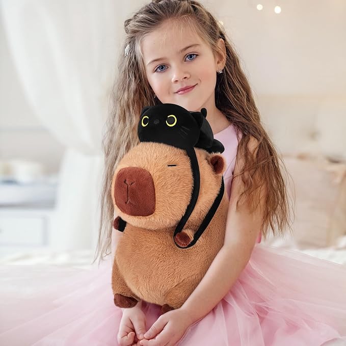 Achwishap Capybara Plush,Capybara Stuffed Animal Cute Plushies,Capybara Plush Toys,Kawaii Plushie Stuffed Toy with Black Cat Backpack Plushies Gifts for Kids Adults(Capybara with Black Cat,14”)