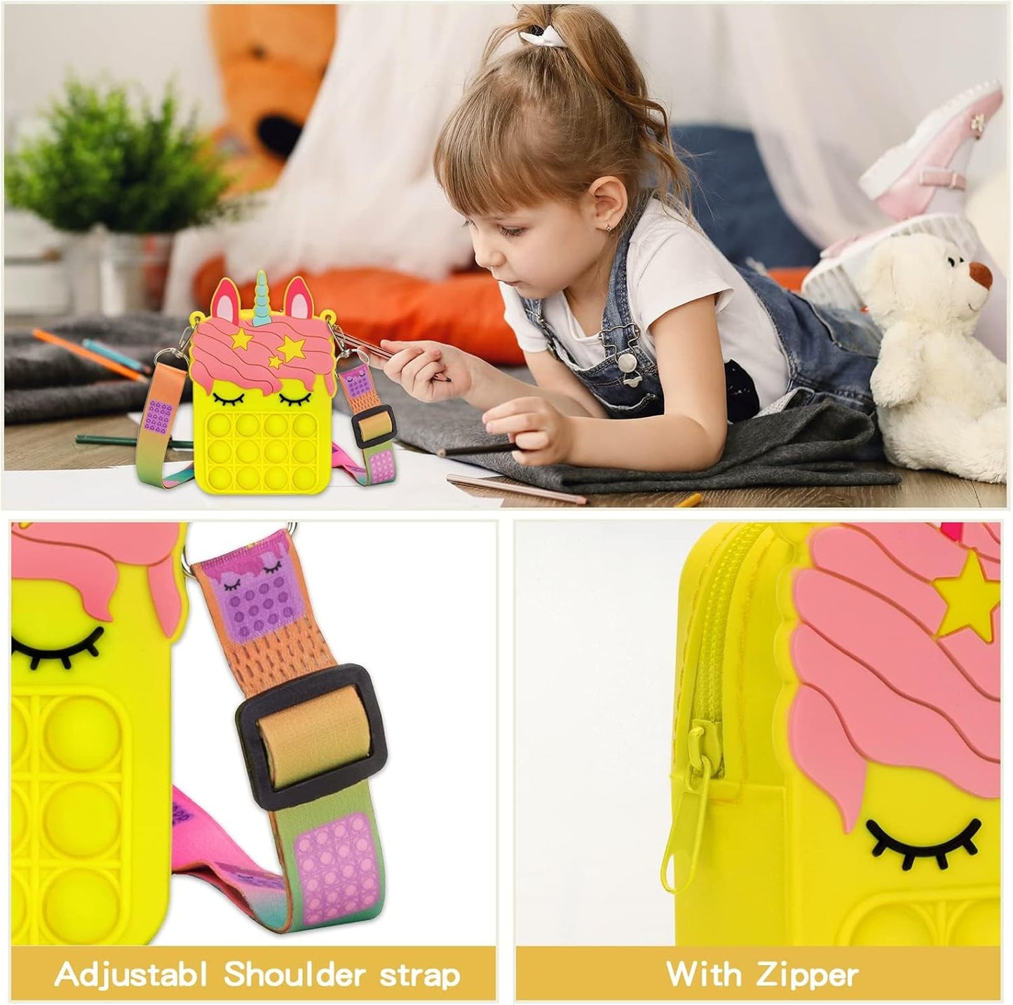 civan Mini Yellow Pop Purse for Girls Boys Crossbody, 2 in 1 Pop Bag Fidget Purse Toy Push Bubble Handbags, Silicone Sensory Toys Messenger Bag for Kids Birthday Gift Cartoon Bag Toy for Students Kids