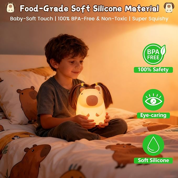 Cute Capybara Night Light with DIY Hairstyle ,Funny Squishy Silicone Animal Night Lamp, Dimmable/Timer Nursery Nightlight for Kids, Rechargeable Touch Bedside Lamp, Bedroom Decor, Baby Boys Girls Gift