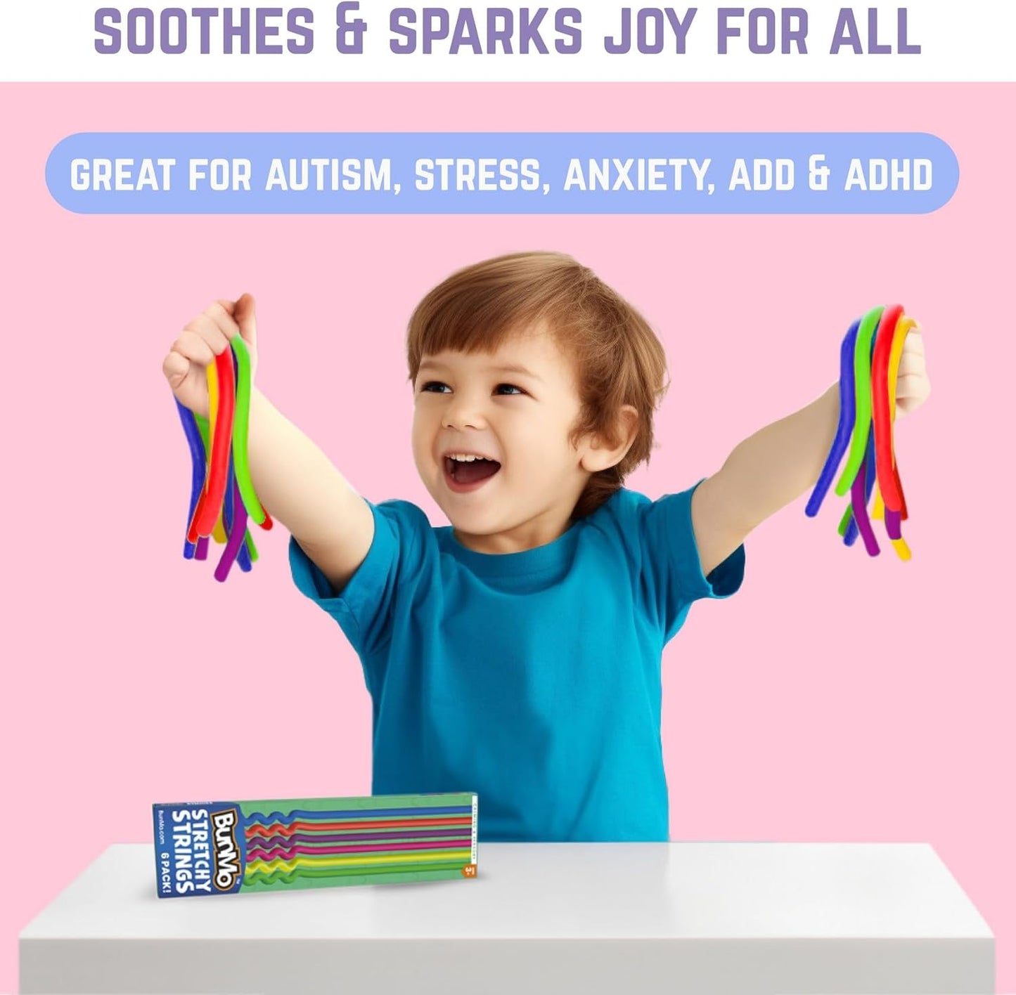 BUNMO Stretchy Strings - Sensory Toys for Toddlers 1-3 - Stimulating & Addictive Sensory Toys for Kids with Autism - Fidget Toy for Anxiety & Stress Relief - Hours of Fun for Kids - Smooth 6pk