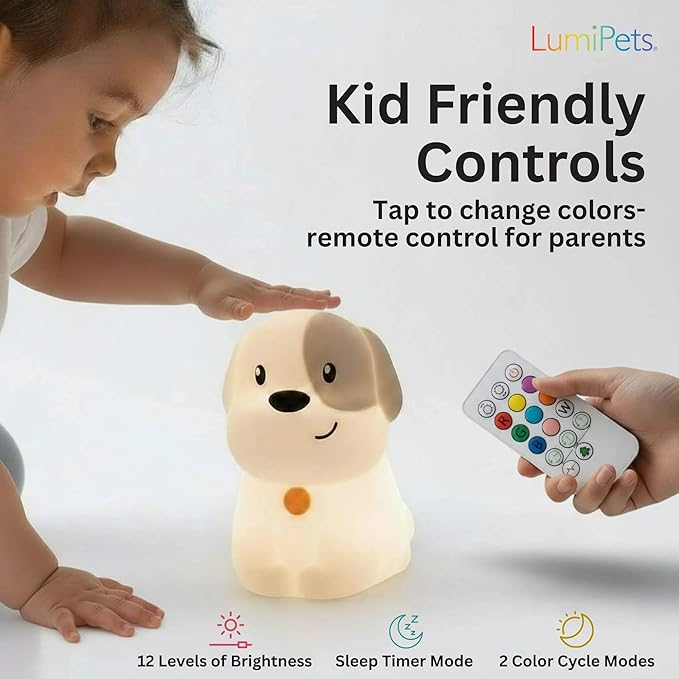 Lumipets Pepper The Puppy Dog Squishy Silicone Night Light for Kids | Cute Night Light with Remote & Touch Control for Baby & Toddler Bedrooms | Color Changing Animal Lamp | Soft Portable Nightlight