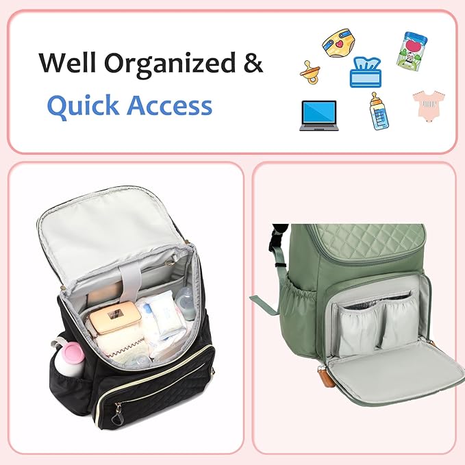 Large Capacity Diaper Bag Backpack with Stroller Buckle, Water-Resistant Travel Baby Bag with Insulated Pockets (Classic, Green)