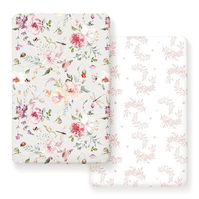 Fitted Pack n Play Sheets Set 2 Pack, Stretchy Ultra Soft Jersey Knit Portable/Mini Crib Sheets for Girls, Universal Fit for Pack N Plays Safe and Snug, Beautiful Flowers and Insects Pattern for Baby