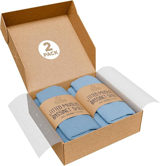 Bassinet Fitted Sheets - Compatible with Ingenuity Foldaway Rocking & Lullanight Soothing | 100% Organic Muslin Cotton - Light Blue + Dark Blue | 32x19 (2 Pack)