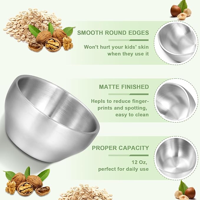 EWFEN SUS304 6-Piece Stainless Steel Bowls for Kids, 12 oz 18/8 Metal Bowls for Toddler Children, Small Baby Bowls for Feeding/Soup/Snacks, Double Walled, Unbreakable and Dishwasher Safe