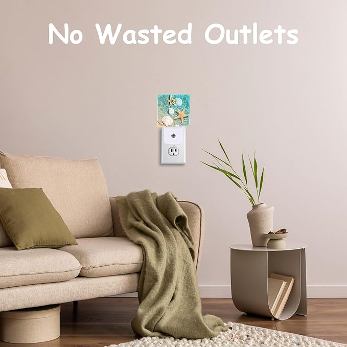 Starfish and Shell in Beach Sea Water Night Light Plug Wall,LED Night Lights with Dusk to Dawn Light Sensor for Women Girls Boys Room Decor,Hallway,Kitchen,Bathroom,Nursery,Stairs