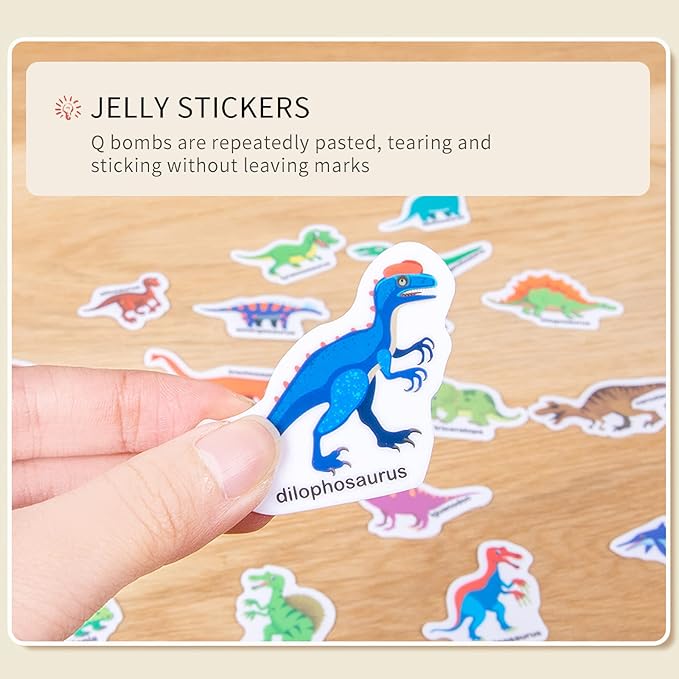 Jelly Reusable Sticker Books for Toddlers 1-3 2-4 Years, Portable Travel Toys Sticker Activity Book for Kids 2 3 4 Year Old Girls Boys (Dinosaurs)