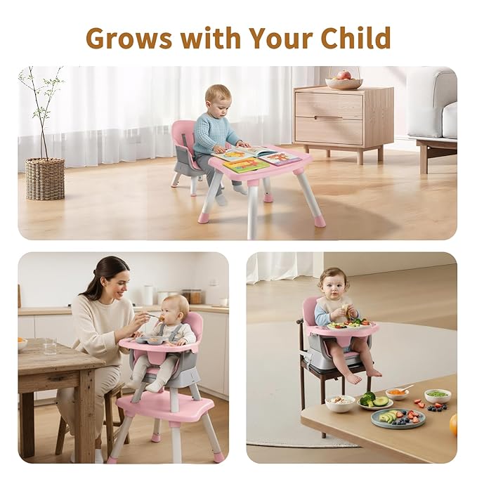 7 in 1 High Chair, Convertible High Chairs for Babies and Toddlers, Infant Dining Booster Seat, Table and Seat Set, Removable Tray, Pink
