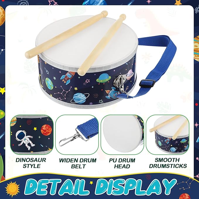 Boao 1 PC Kids Drum Set, 8 Inch Toddler Drum Wooden Toy with Adjustable Strap and 2 Drumsticks, Educational Sensory Musical Instrument for Toddlers Kid Baby Boys Girls Gift(Space)
