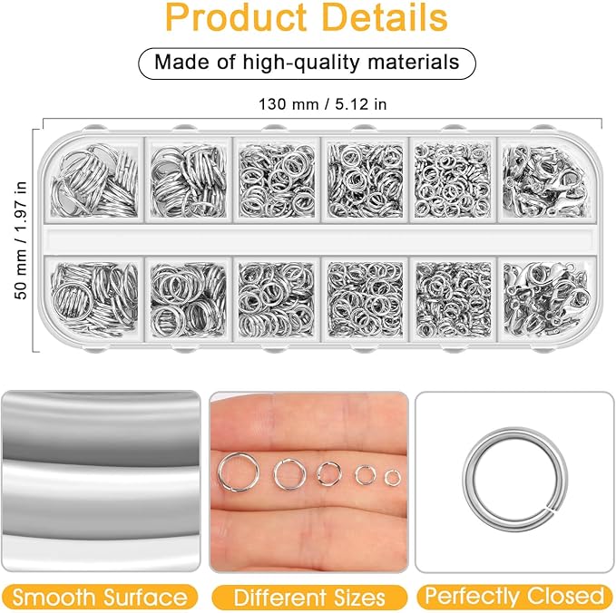 Anezus 1200PCS Jump Rings for Jewelry Making Kit, Jump Rings and Necklace Clasps with Jump Ring Pliers Tools for Jewelry Making Supplies and Necklace Repair (Silver)