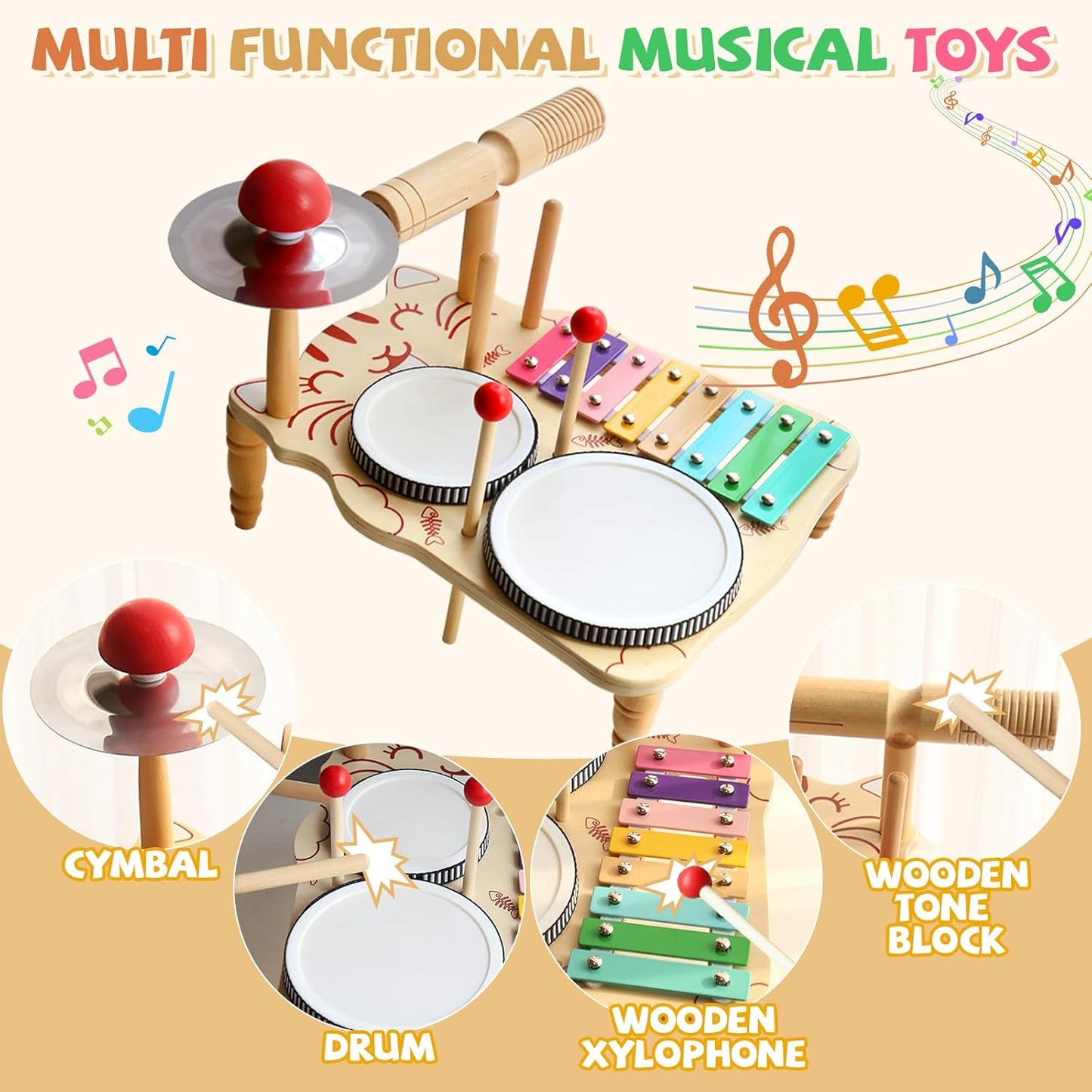 Kids Drum Set -5 in 1 Musical Instruments for Toddlers, Baby Percussion Instruments Preschool Educational Toys, Xylophone Tambourine Birthday Gifts for Boys and Girls(Big Kids Drum Set)