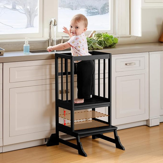 COSYLAND Kitchen Tower for Toddlers with Anti-Tip Support – Lightweight Toddler Kitchen Stool Helper for Bathroom Living Room Dining Room – Solid Bamboo Standing Tower (Black)