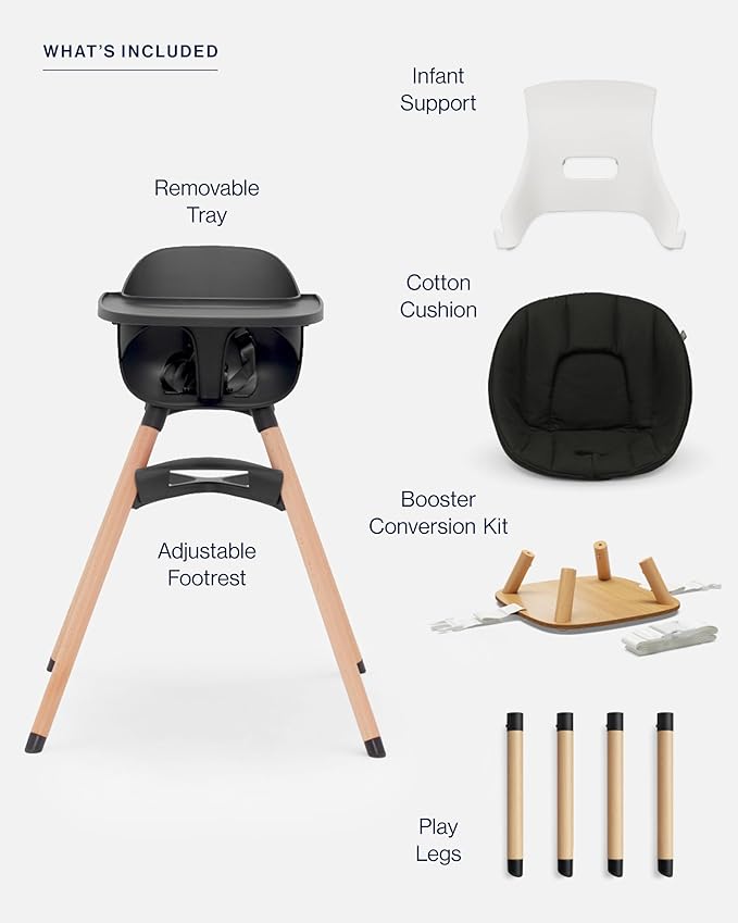 Lalo The 3-in-1 High Chair Kit - Convertible Wooden High Chair for Babies & Toddlers with Infant Support, Cushion, Booster Conversion Kit & Play Legs, Adjustable Footrest - Licorice