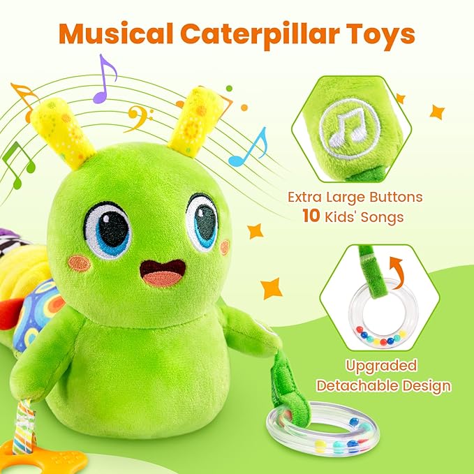 Baby Toys 0-6 Months, Washable Baby Musical Caterpillar Toys with 10 Children's Songs,Rattles,Teething Toys,Suitable for 0-6, 6-12 Months Infant Tummy Time Toy,Newborn Baby Boy&Gril Toy(Green)