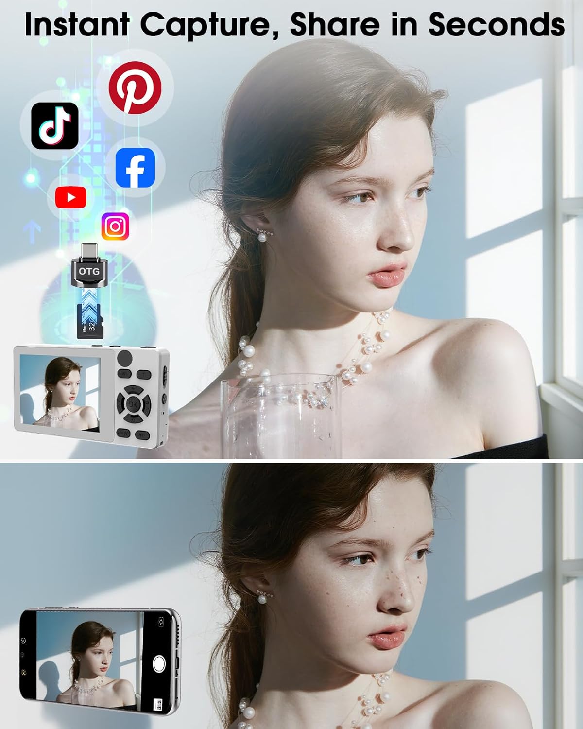 Digital Camera with Front Rear Lens, Autofocus 64MP 4K Camera for Photography with 32GB Card, Portable Compact Point and Shoot Camera for Teens Adult Beginner with Metal Shell, 2000mAh Battery