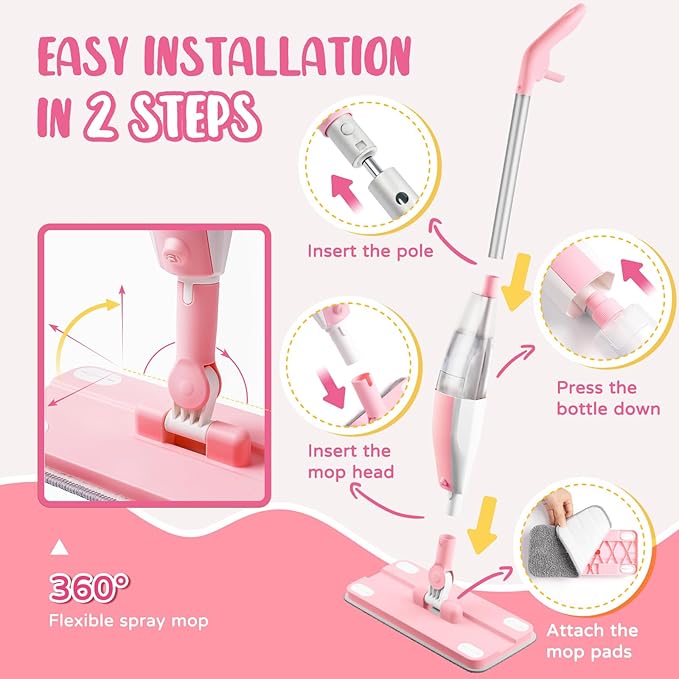 Pink Mini Spray Mop for Toddler-Girls Montessori Cleaning Toy That Real Spray Water,Pretend Playhouse Essentials for Girls Ages 3-8,Toddler Educational Housekeeping Set