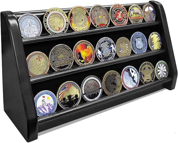 3 Rows Military Challenge Coin Display Case Wall Mount Wooden Army Coin Holder Stand Rack, Holds 21-24 Coins, Black