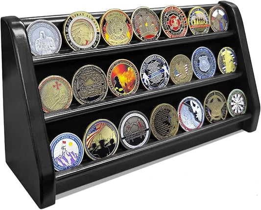 3 Rows Military Challenge Coin Display Case Wall Mount Wooden Army Coin Holder Stand Rack, Holds 21-24 Coins, Black