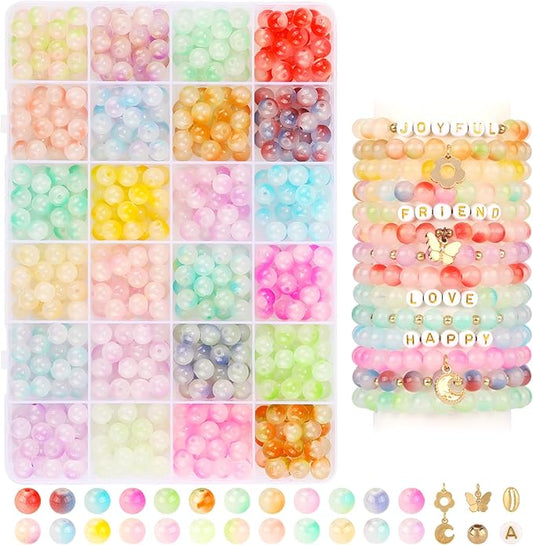 760PCS 8mm Glass Beads for Jewelry Making 24 Color Crystal Beads Bracelet Making Kit Gradient Round Bead for DIY Earrings Necklaces Rings with Letter Bead for Bracelets&Charms Accessories
