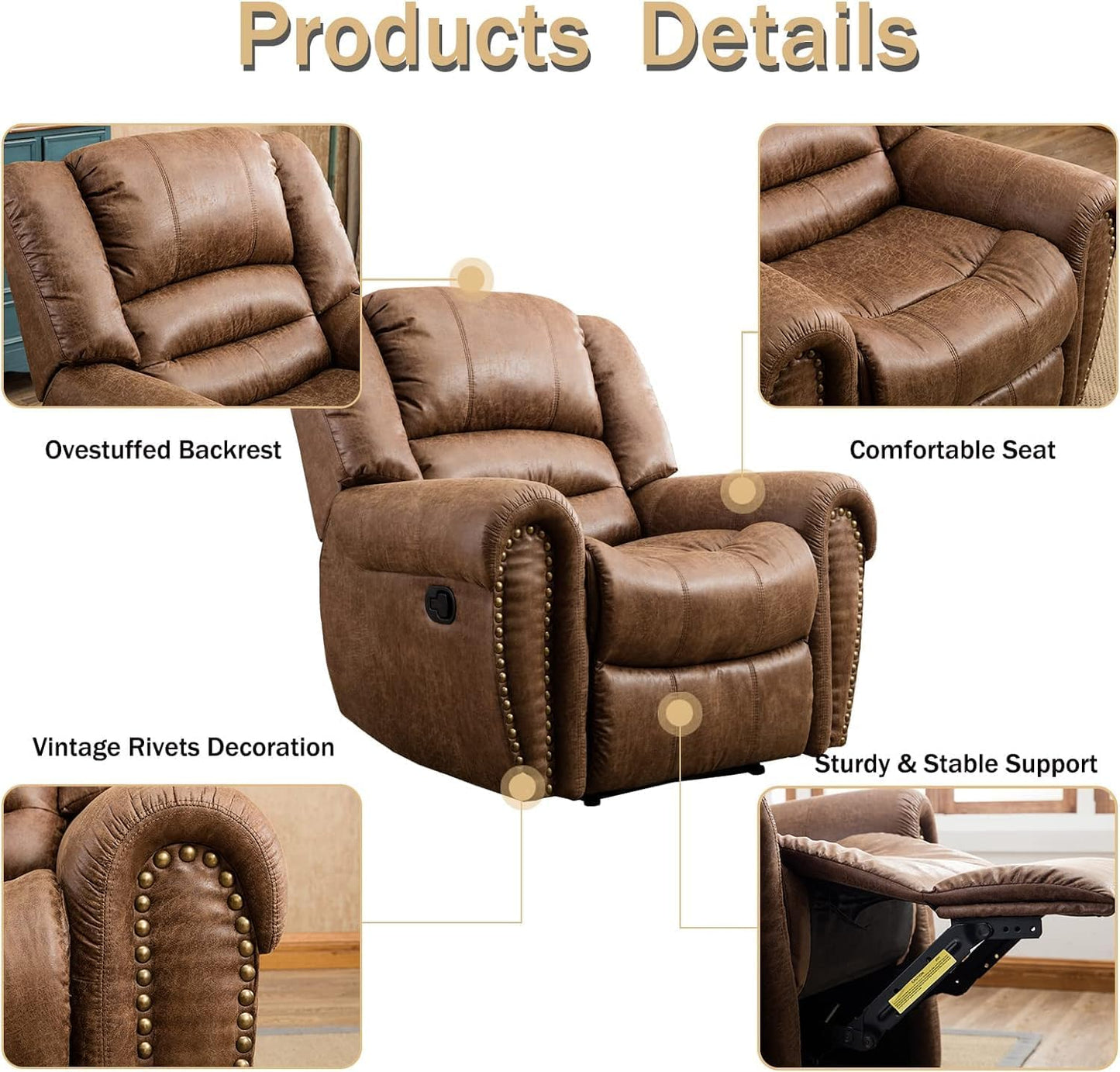 CANMOV Leather Recliner Chair Set of 2, Classic and Traditional Manual Recliner Chair with Comfortable Arms and Back,Manual Single Recliner Sofa for Living Room, Nut Brown