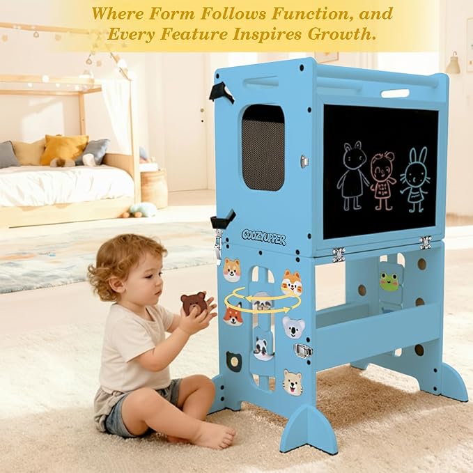 Toddler Kitchen Stool Helper, CPC Certified Foldable Toddler Tower, Learning Wooden Tower with Support Feet and Chalkboard, Anti-Drop Structure, Safe Design for Kids, Blue