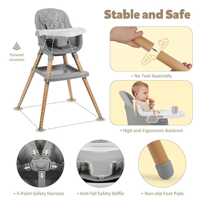 8 in 1 Wooden High Chairs for Babies Toddlers, Convertible to Booster Seat, Baby Feeding Highchair w/ 5-Point Safety Harness, Removable Tray & Cushion, Gray