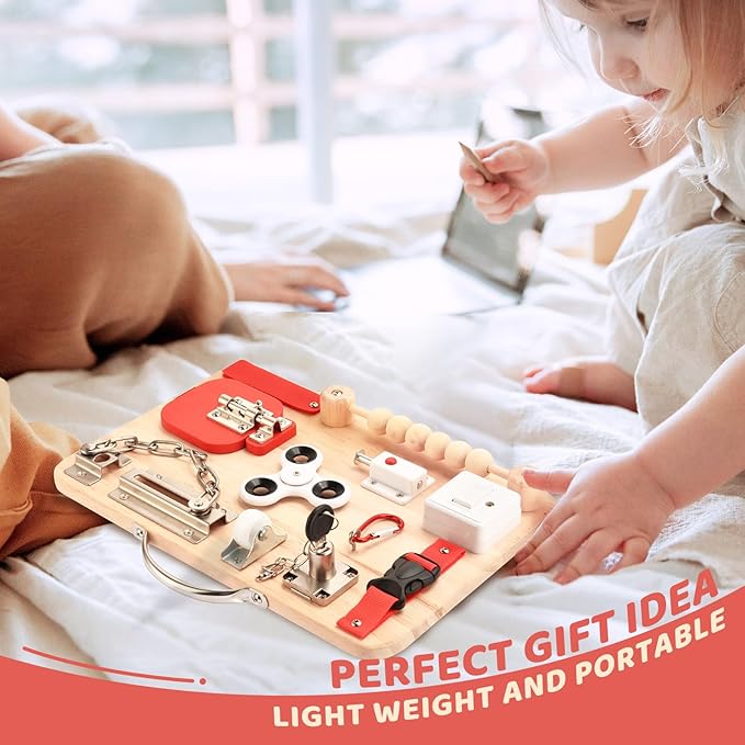 Montessori Busy Board for Toddlers - Wooden Educational Fidget Toys - Autism Sensory Products - Activity Board for Kids Baby Boys Girls, ADHD- Fine Motor Kids Travel Toys