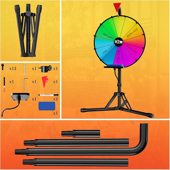 16 Inch Prize Wheel,Spinning Wheel with Adjustable Folding Tripod Floor Stand,12 Slots,1Bracket, Dry Erase Kit - Wheel of Fortune Game for Carnival, Casino & Trade Show.