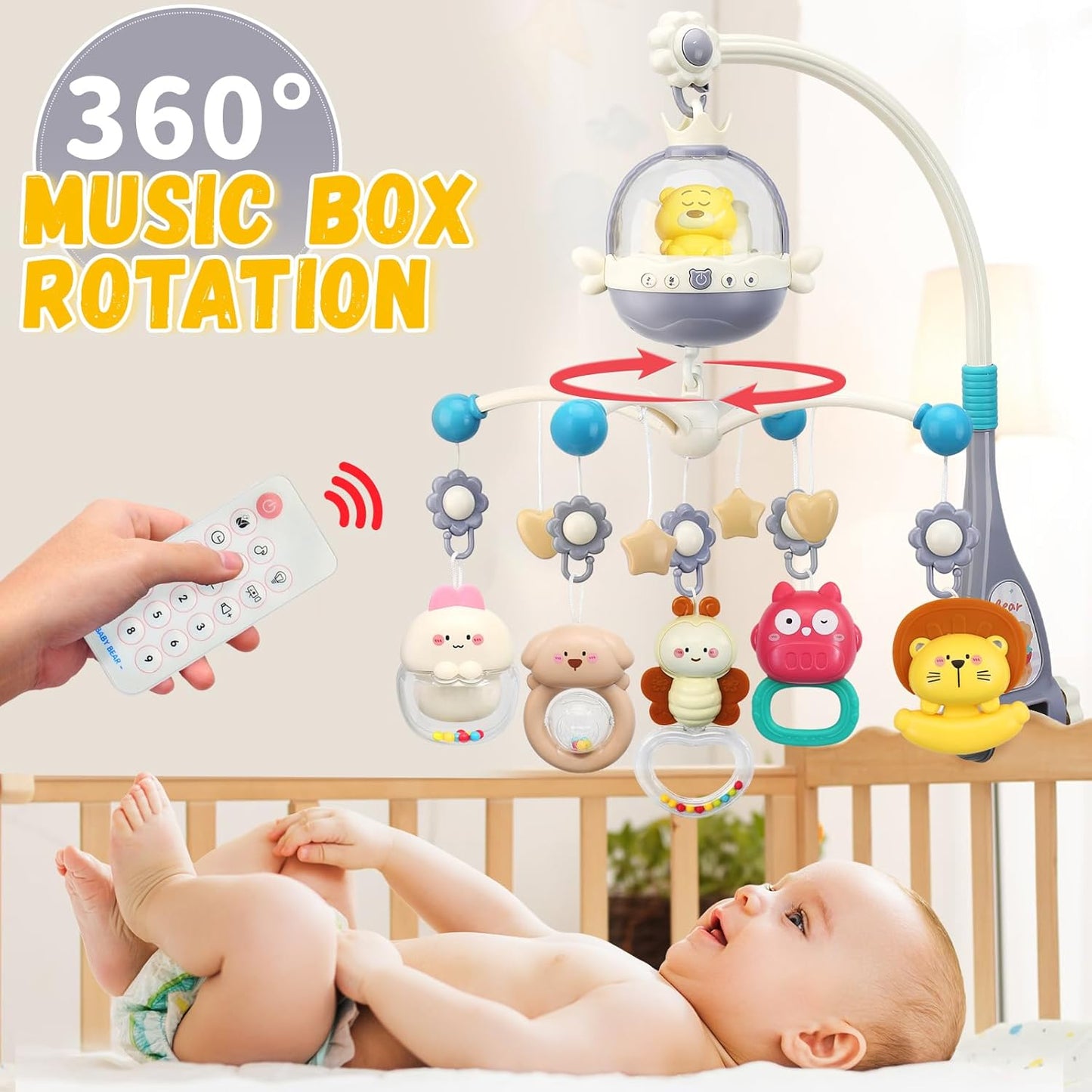 Baby Crib Mobile with Night Lights and Music,Hanging Mobile for Crib Bassinet with Rotation, Projection,Remote Control,Babies Crib Toys for Nursery Newborn Infant Boys Girls (Gray)