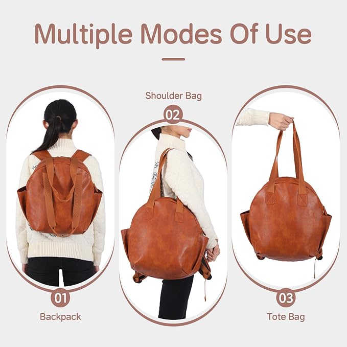 Stylish Diaper Bag Backpack, Leather Large Capacity Travel Baby Diaper Bag Tote for Mom Dad, Handbag shoulder bag, Waterproof, Lightweight Brown