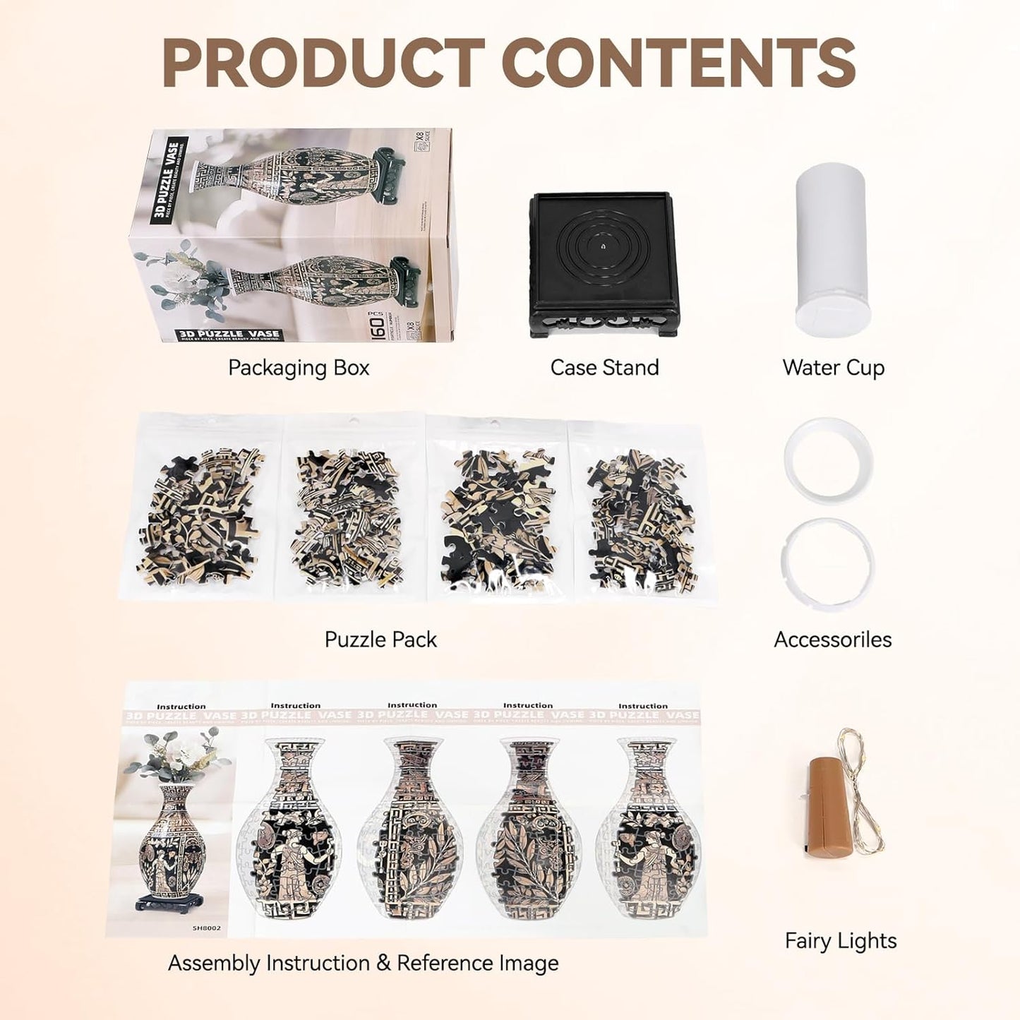 3D Puzzles Vase for Adults, 160 Pieces Plastic DIY Unique Flower Vase with LED Light, Crafts for Adults, Birthday Gifts House Warming Gift for Flower Arrangements and Home Decor (Brown)