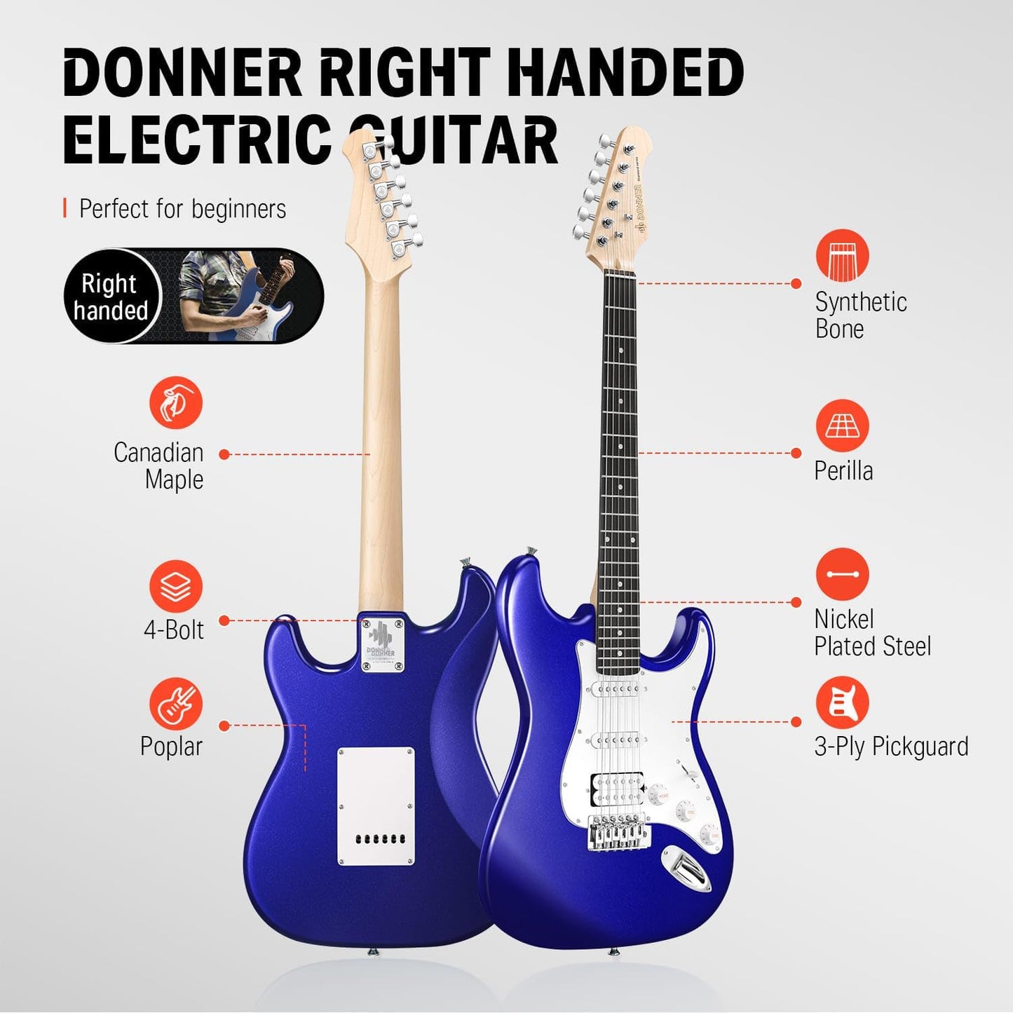 Donner 39-Inch Electric Guitar Kit - Purple Sapphire Blue HSS Pickup, Amplifier, Lessons, Bag, Tuner, Capo, Strap, Cable, Picks