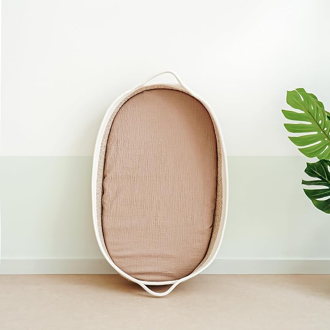 Muslin Bassinet Sheets for Babies – Soft & Breathable 100% Cotton Fitted Sheets for Oval, Rectangle, Hourglass Bassinet Mattress Pads, 2-Pack (Ivory & Pink)