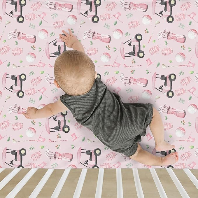 Golf Baby Crib Sheets for Boy Girl 28"x52" Sports Golfing Soft Stretchy Fitted Crib Mattress Cover Golf Lovers Gift Nursery Baby Sheet for Standard Crib and Toddler Bed Mattress Pink