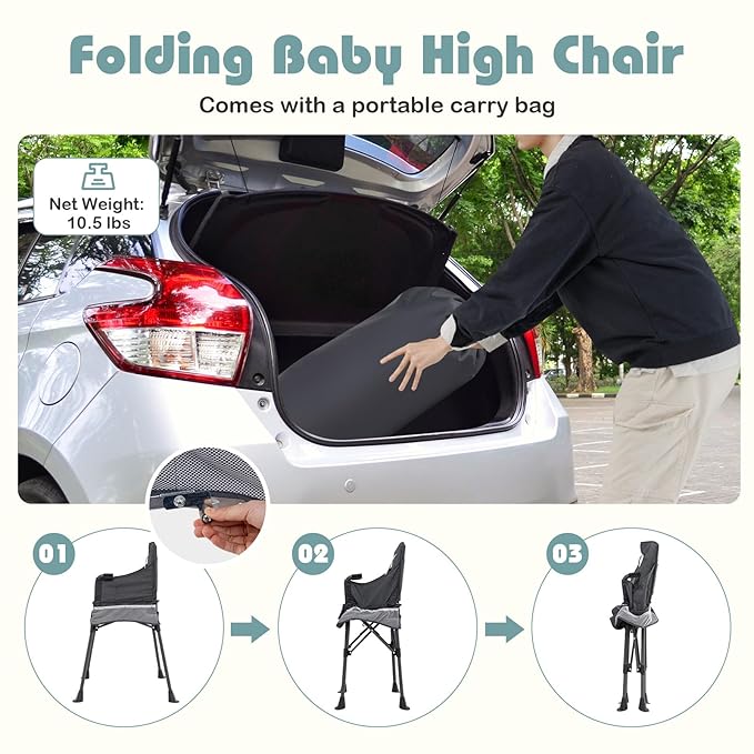 HONEY JOY Portable High Chair for Babies and Toddlers, Foldable Highchair with Tray, Storage Pocket, 5-Point Safety Harness, Compact Space Saver Baby Feeding Chair for Travel, Carry Bag (Gray)
