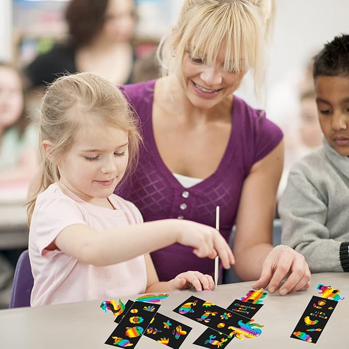 100 Sets Scratch Art Bookmark Making Kit for Kids, Scratch Paper DIY Animal Bookmarks Bulk with 100 Pcs Ribbons and 100 Pcs Wood Stylus for Classroom Activities Crafts Birthday Party Favors