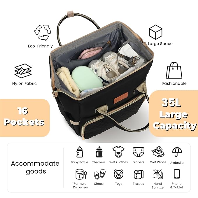 Diaper Bag Backpack with Changing Pad Pacifier Case, Baby Bag for Boy Girl Toddler - Large,Stylish, Waterproof Travel Quilted Diaper Bag for Mom - Baby Shower Gifts, Black