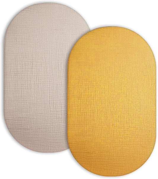 Bassinet Sheet for Baby Boy and Girl 2 Pack, Fitted Sheets for Rectangle, Oval, Hourglass Bassinet Mattress, Muslin Moses Basket Sheets with Neutral Style (Beige & Mustard Yellow)