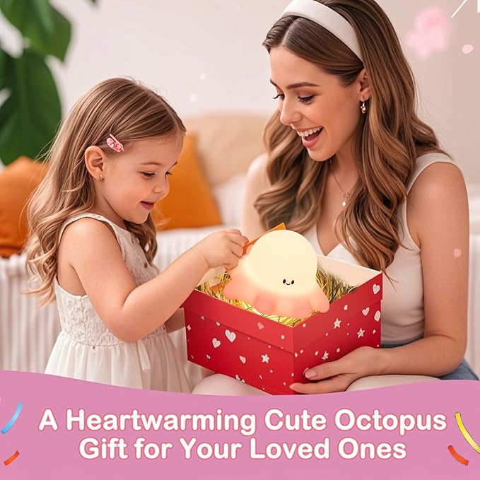 Kibbidea Touch Control Silicone Night Light for Kids, Rechargeable Octopus Nightlight with Timer, Eye Protection, Portable USB Baby Nightl lamp for Nursery, Bedroom