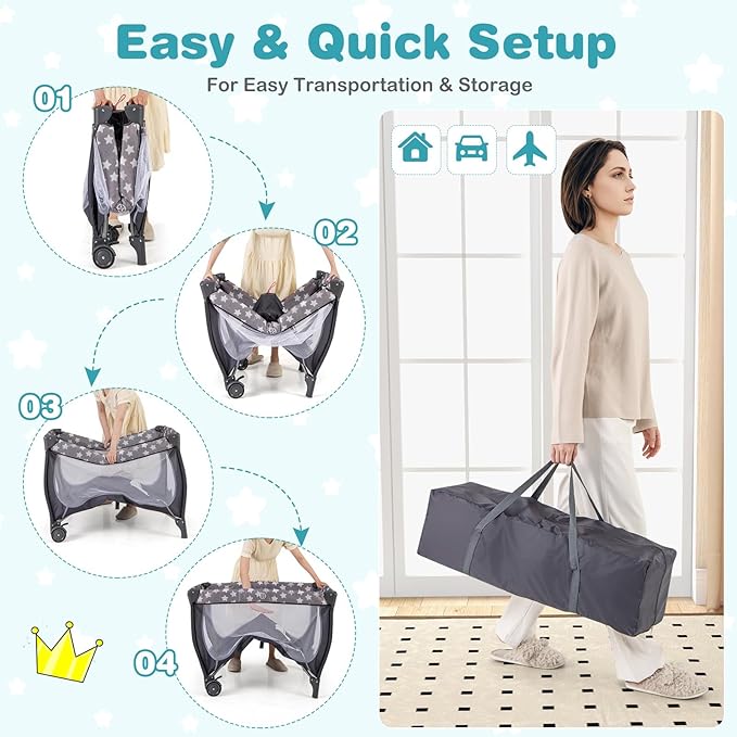 HONEY JOY Pack and Play, 4 in 1 Portable Baby Playard with Bassinet, Changing Table, Lockable Wheels, Music Box, Foldable Travel Baby Crib Nursery Center from Newborn to Toddler(Gray)