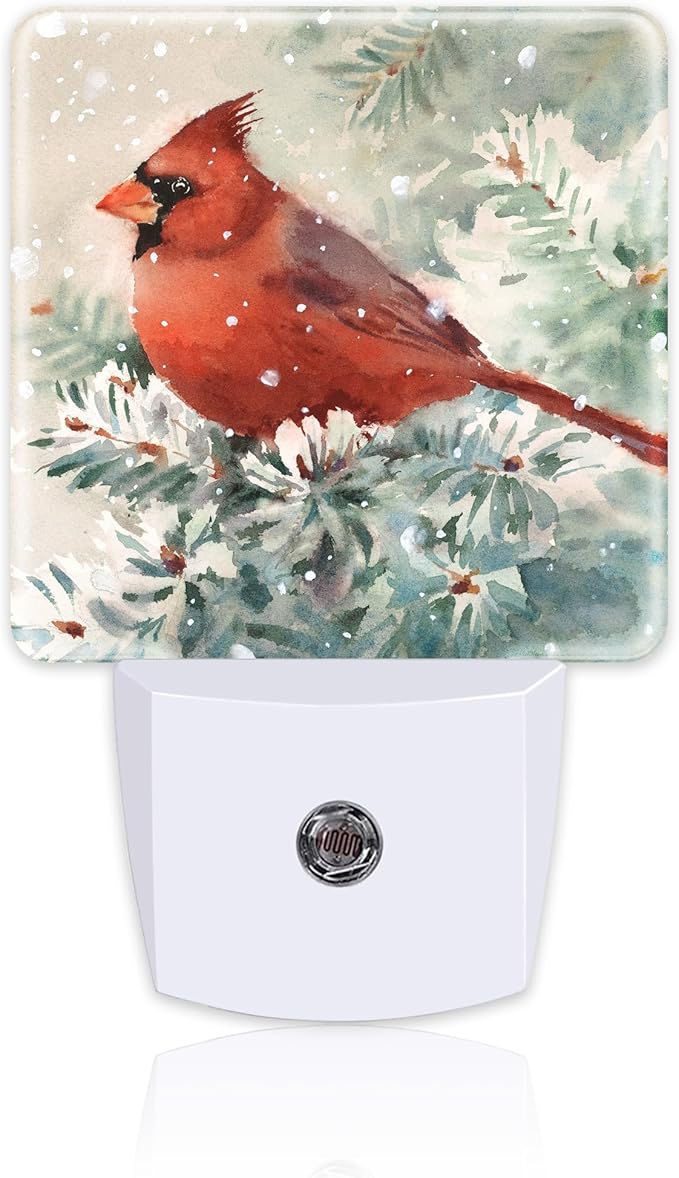 Winter Cardinal Pine Tree Night Light, Christmas Snow Red Cardinal Dusk to Dawn Night Light Plug in, 0.5w Energy Saving Sleep Friendly NightLight for Kids Boys Girls Home Decor