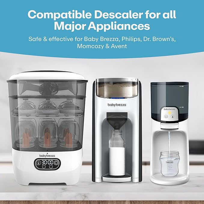 Descaler Compatible with Baby Brezza Machines | 32 Oz | 12 Month Supply | US Made | Free Cleaning Cloth | Descaling Solution Compatible with Baby Appliances | Cleans & Descales
