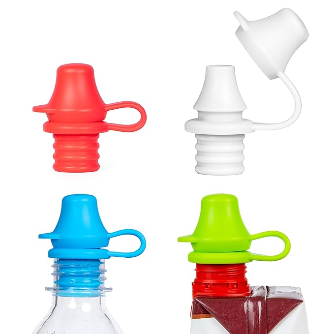 Original Water Bottle Topper for Toddlers – 100% Silicone Sippy Top Spout with Protective Cap makes the Bottle Top a Spill Proof Lid for Kids and Adults - 4 Pack - Original