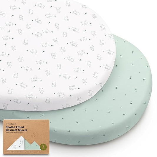 2-Pack Organic Bassinet Sheets for Girls, Boys - 100% Cotton Bassinet Mattress Sheets Compatible with Halo Bassinest Swivel Sleeper, Graco, Baby Delight, Chicco,Unisex Fitted Bassinet Sheets(Bunnies)