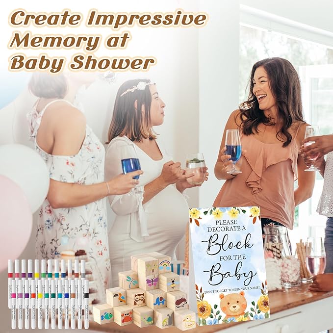 117 Pcs Baby Shower Blocks to Decorate Game Kit Includes 52 Wooden Blocks 24 Markers 1 Game Sign 40 Templates to Paint (Blue Bear)